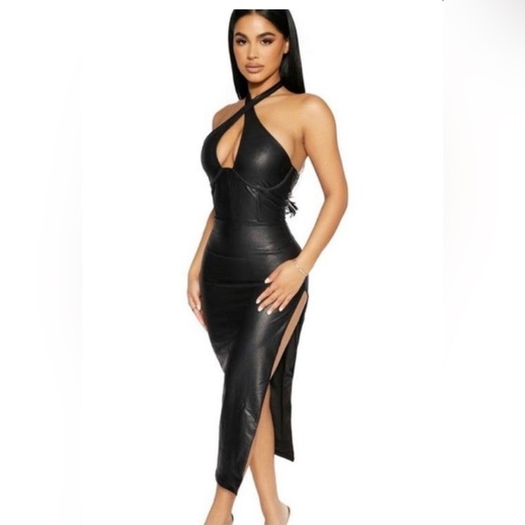 Naked Wardrobe Extra Drippin’ Faux Leather Crossover Halter Midi Dress NWT Large - Picture 2 of 9